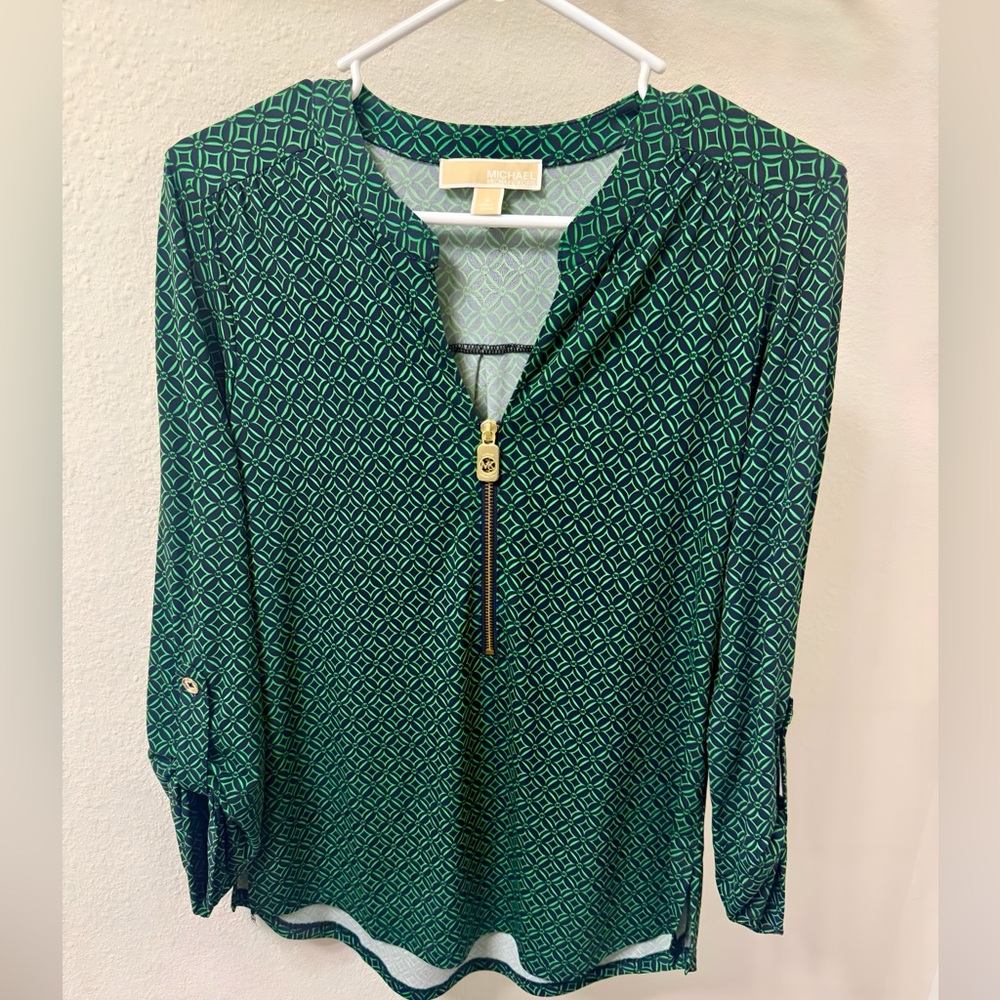 ✨ Michael Kors Green Geometric Zip-Front Blouse, Relaxed, Loose, Comfy, Size S✨